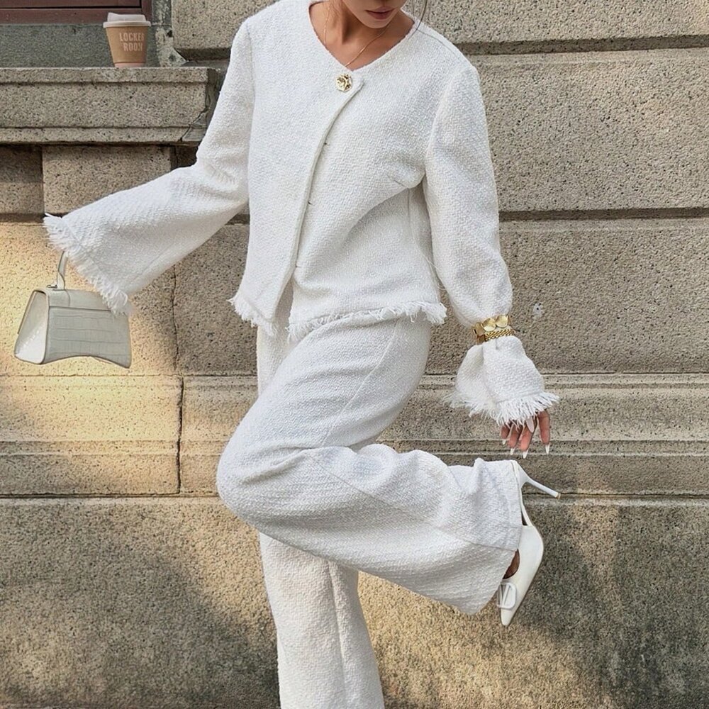 Beige Casual Women's Elegant Jacket & Pants Set - Picture 6 of 7